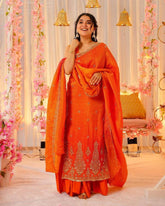 Vibrant Orange Punjabi Suit Set with Heavy Work & Dupatta