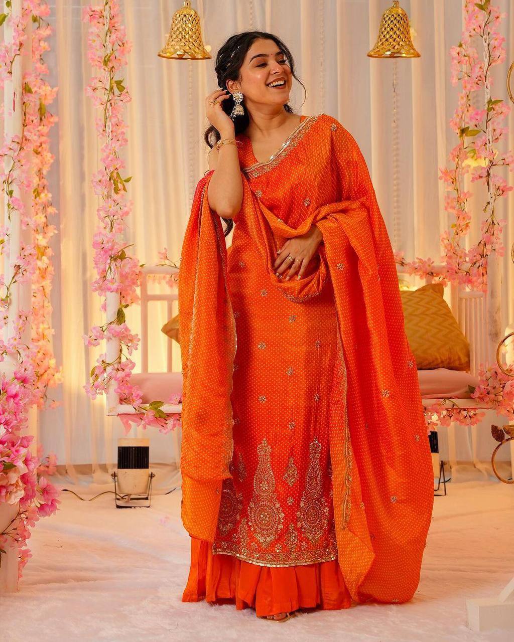 Vibrant Orange Punjabi Suit Set with Heavy Work & Dupatta