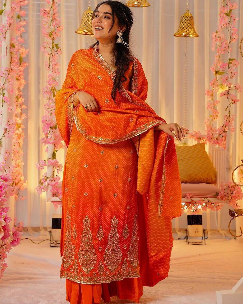 Vibrant Orange Punjabi Suit Set with Heavy Work & Dupatta