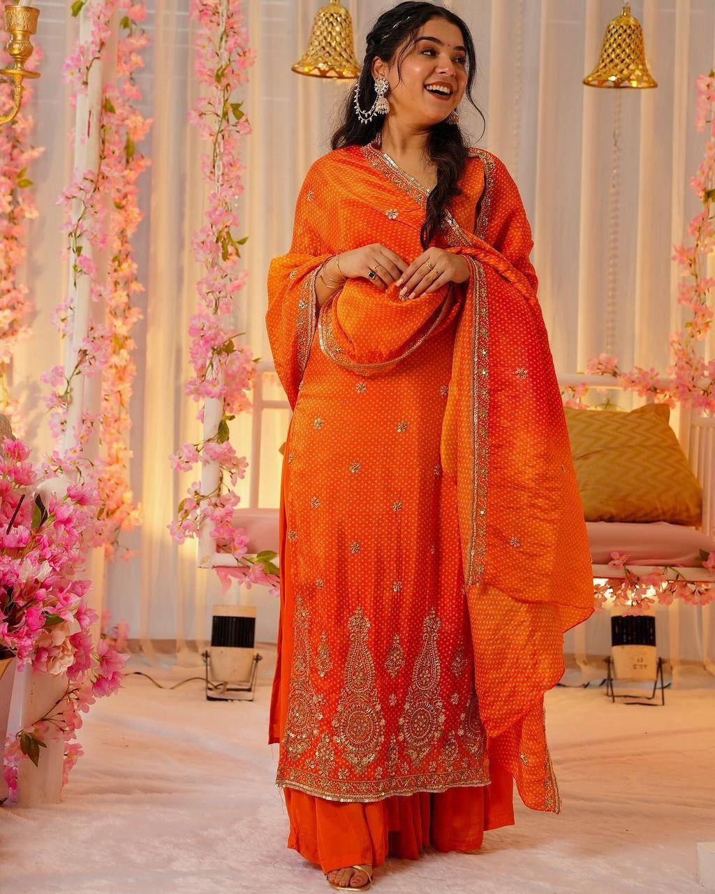 Vibrant Orange Punjabi Suit Set with Heavy Work & Dupatta