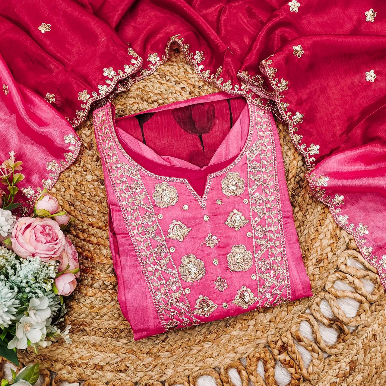 Designer Fusion Pink Anarkali Dress with Contrast Dupatta