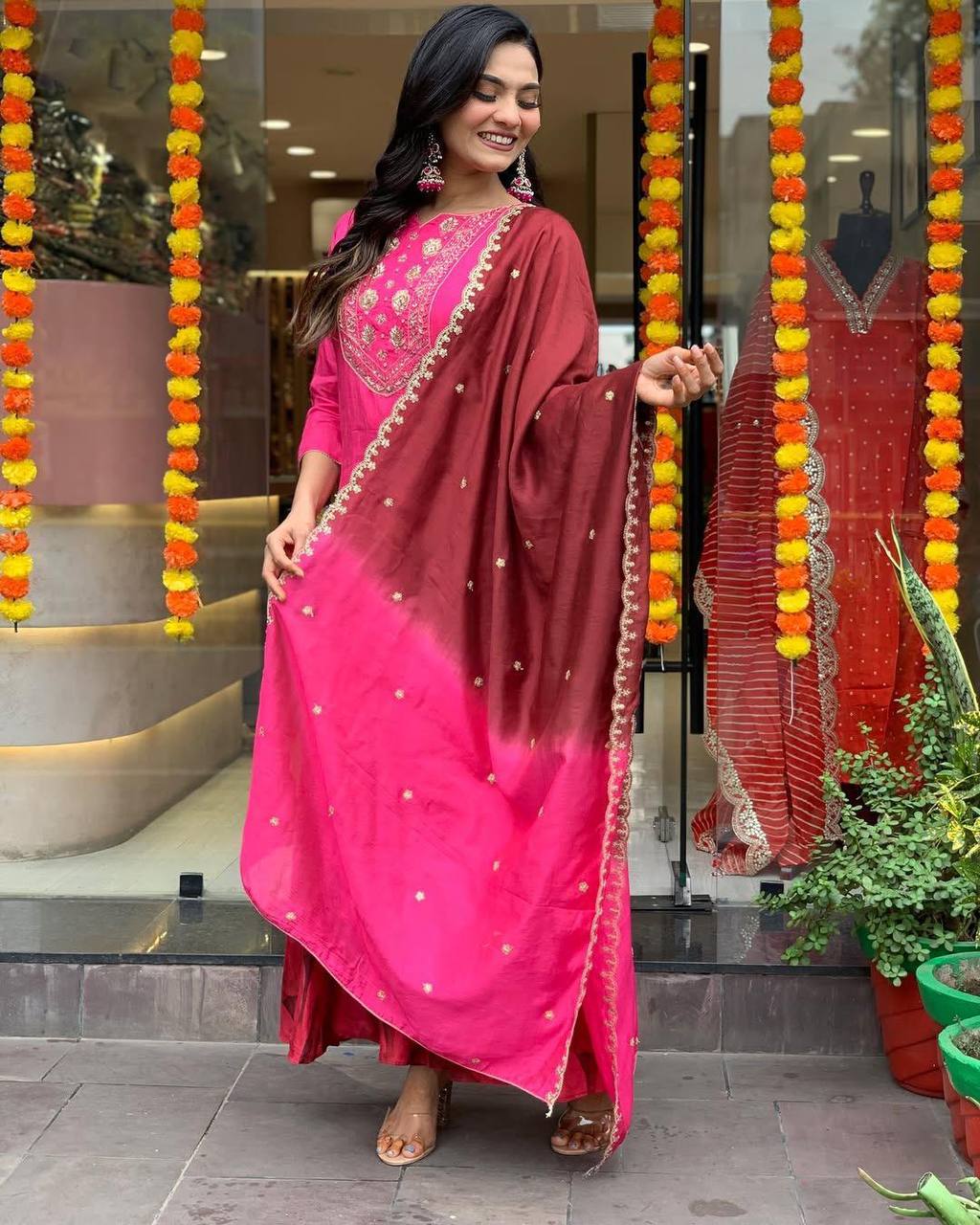 Designer Fusion Pink Anarkali Dress with Contrast Dupatta