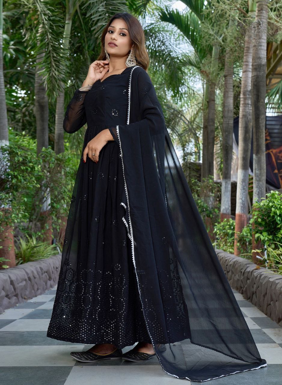 Classic Black Embroidered Anarkali Gown with Sequins & Dupatta