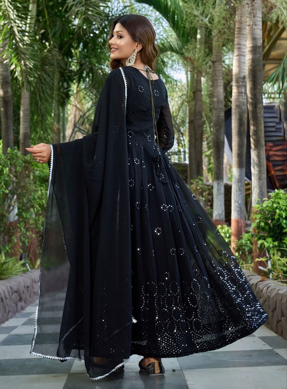 Classic Black Embroidered Anarkali Gown with Sequins & Dupatta