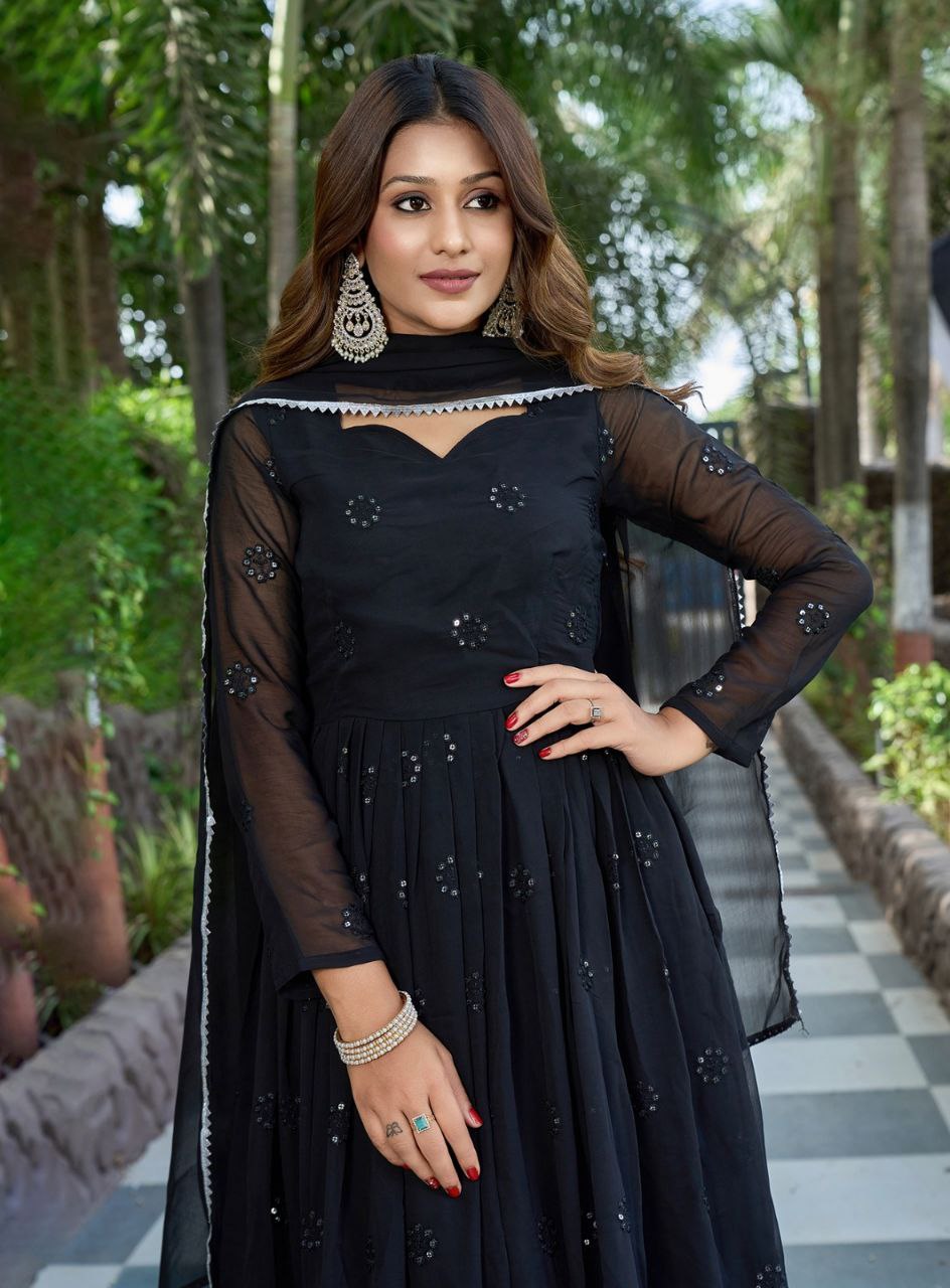 Classic Black Embroidered Anarkali Gown with Sequins & Dupatta