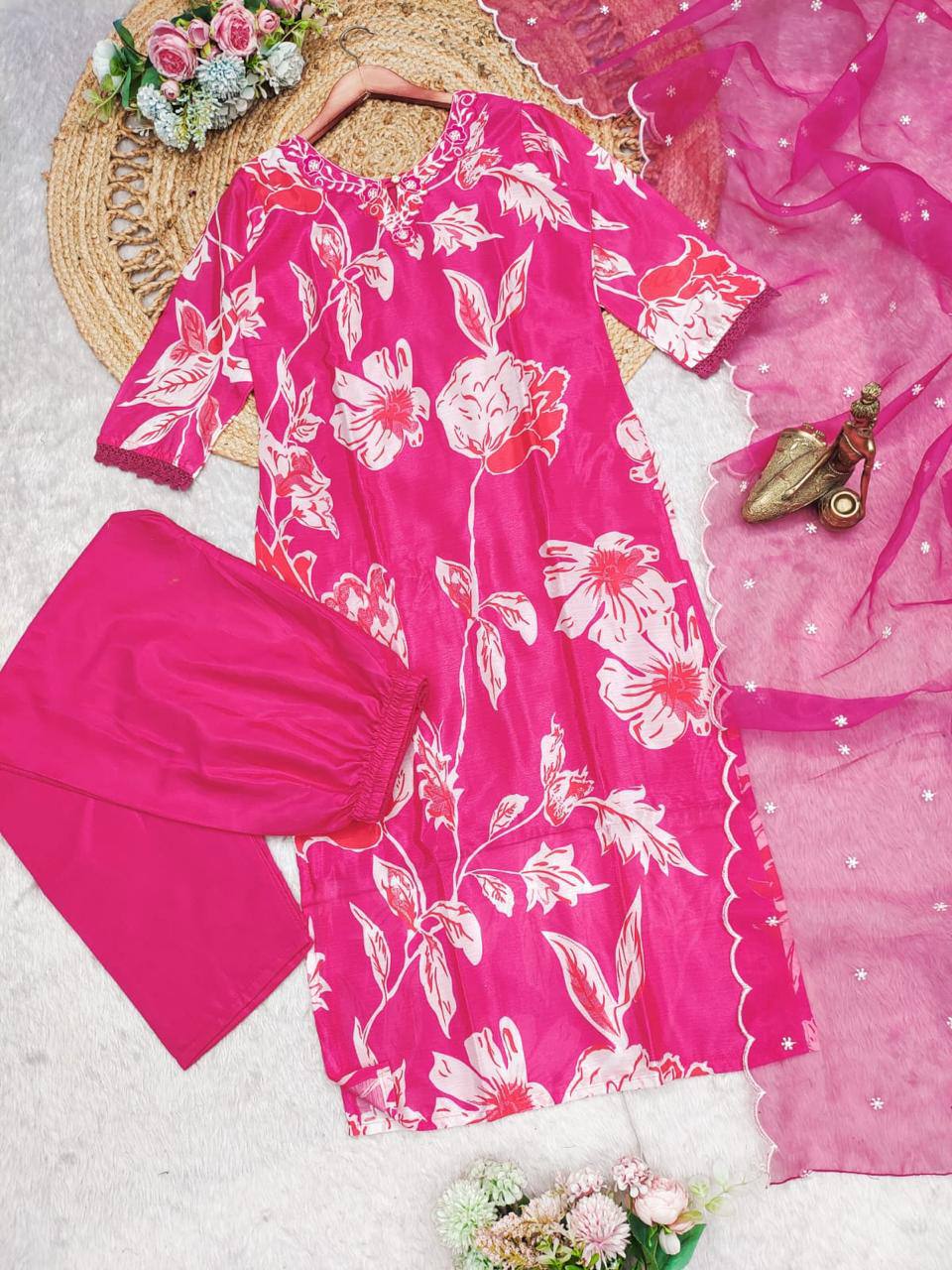 Vibrant Pink Floral Printed Kurta Set with Dupatta