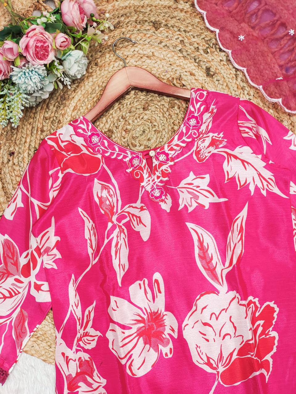 Vibrant Pink Floral Printed Kurta Set with Dupatta