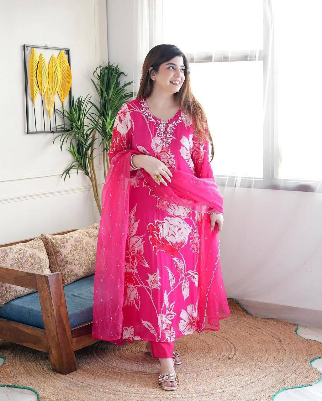 Vibrant Pink Floral Printed Kurta Set with Dupatta