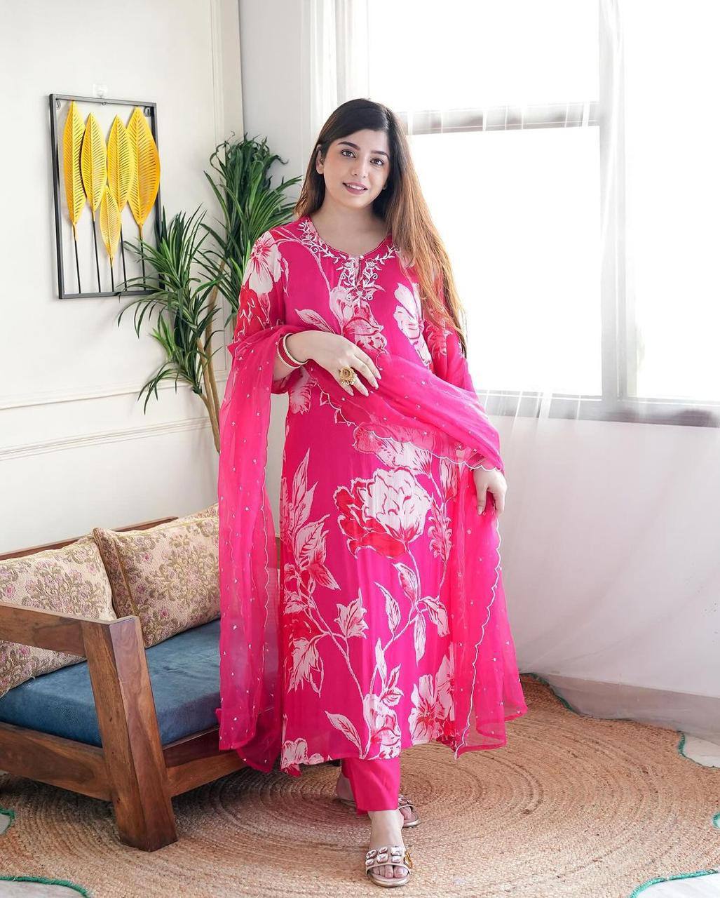 Vibrant Pink Floral Printed Kurta Set with Dupatta