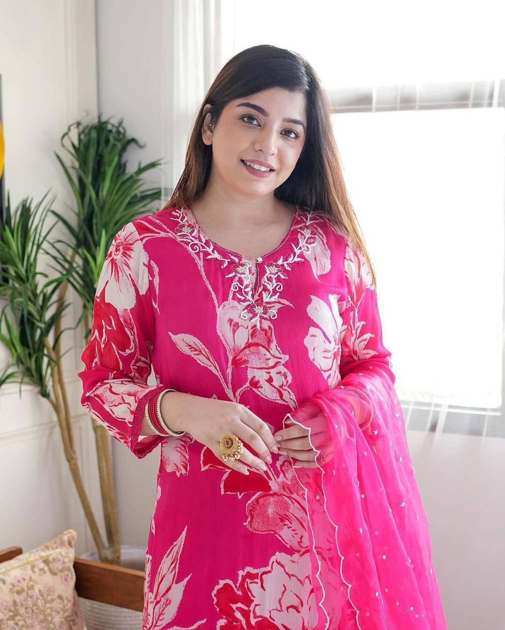 Vibrant Pink Floral Printed Kurta Set with Dupatta