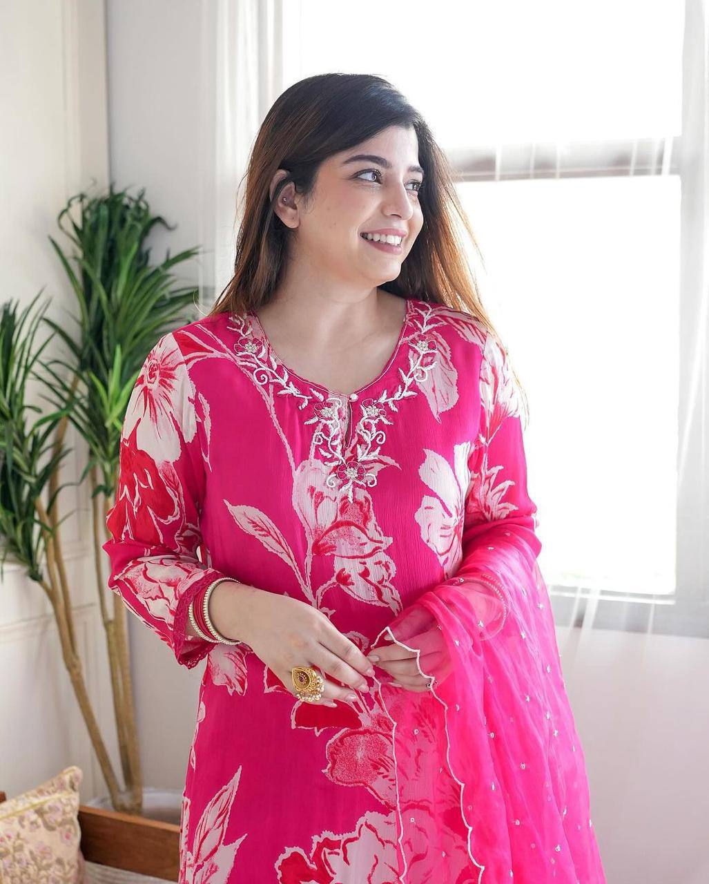 Vibrant Pink Floral Printed Kurta Set with Dupatta