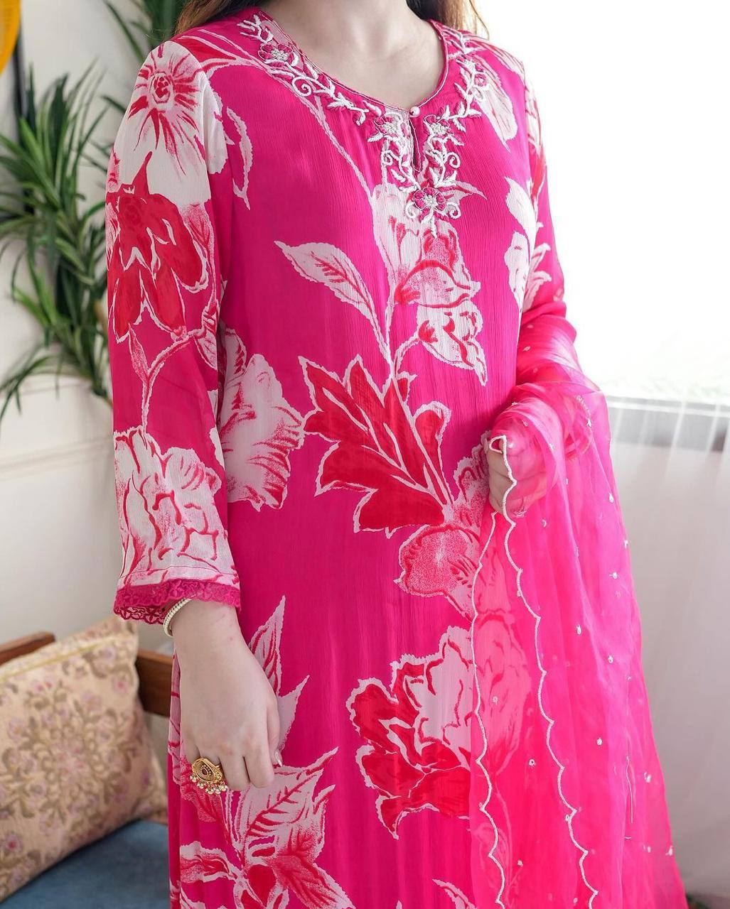Vibrant Pink Floral Printed Kurta Set with Dupatta