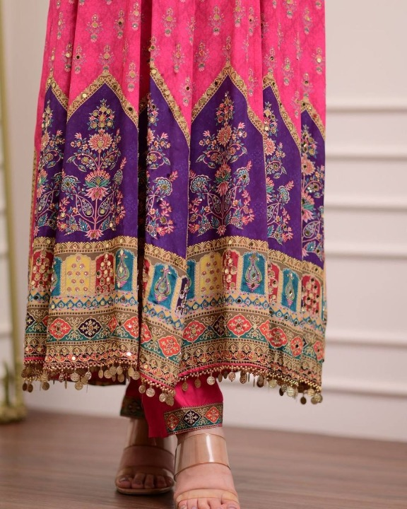 Regal Pink & Purple Embroidered Anarkali Suit Set with Dupatta