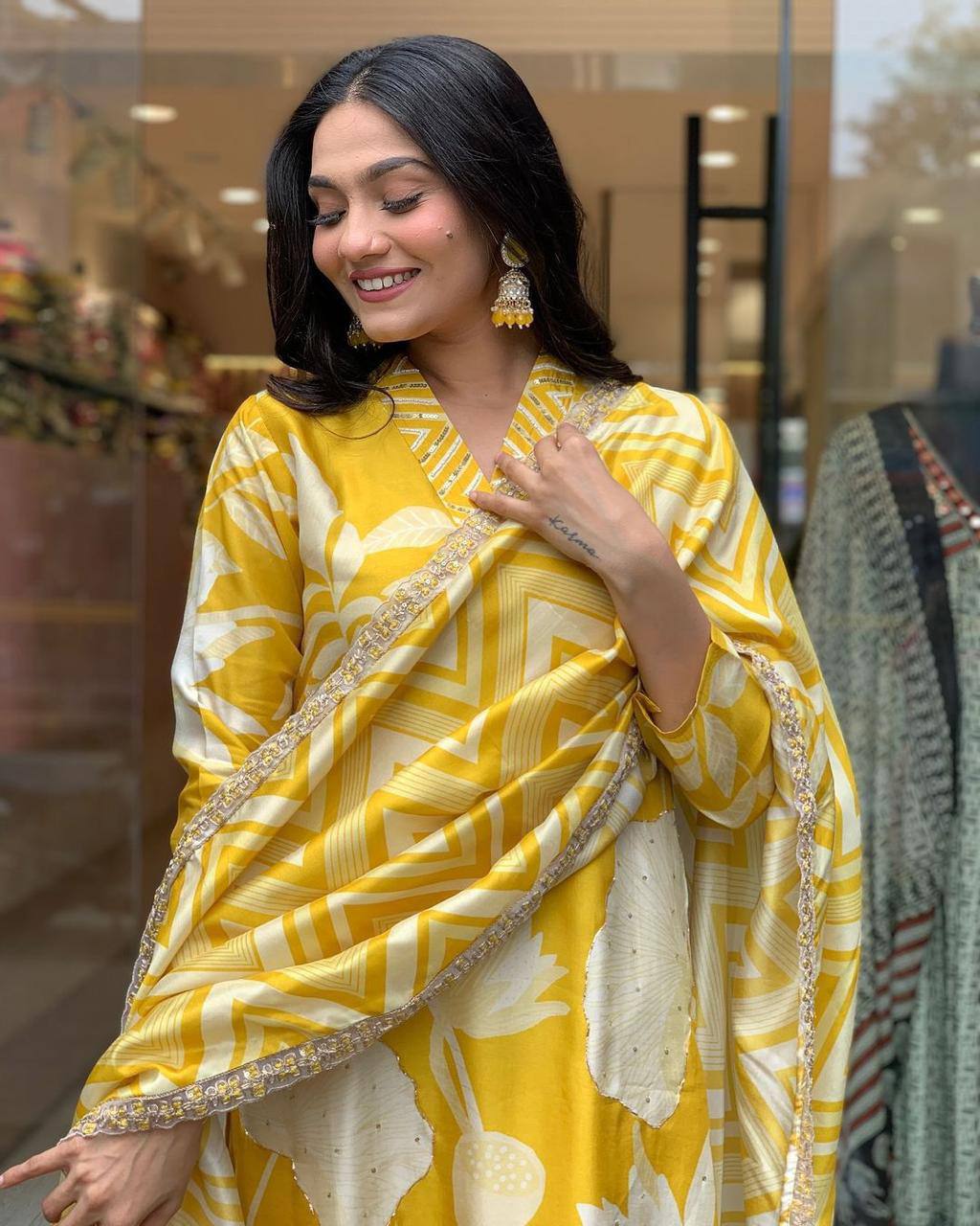 Vibrant Yellow Floral Printed Kurta Set with Dupatta