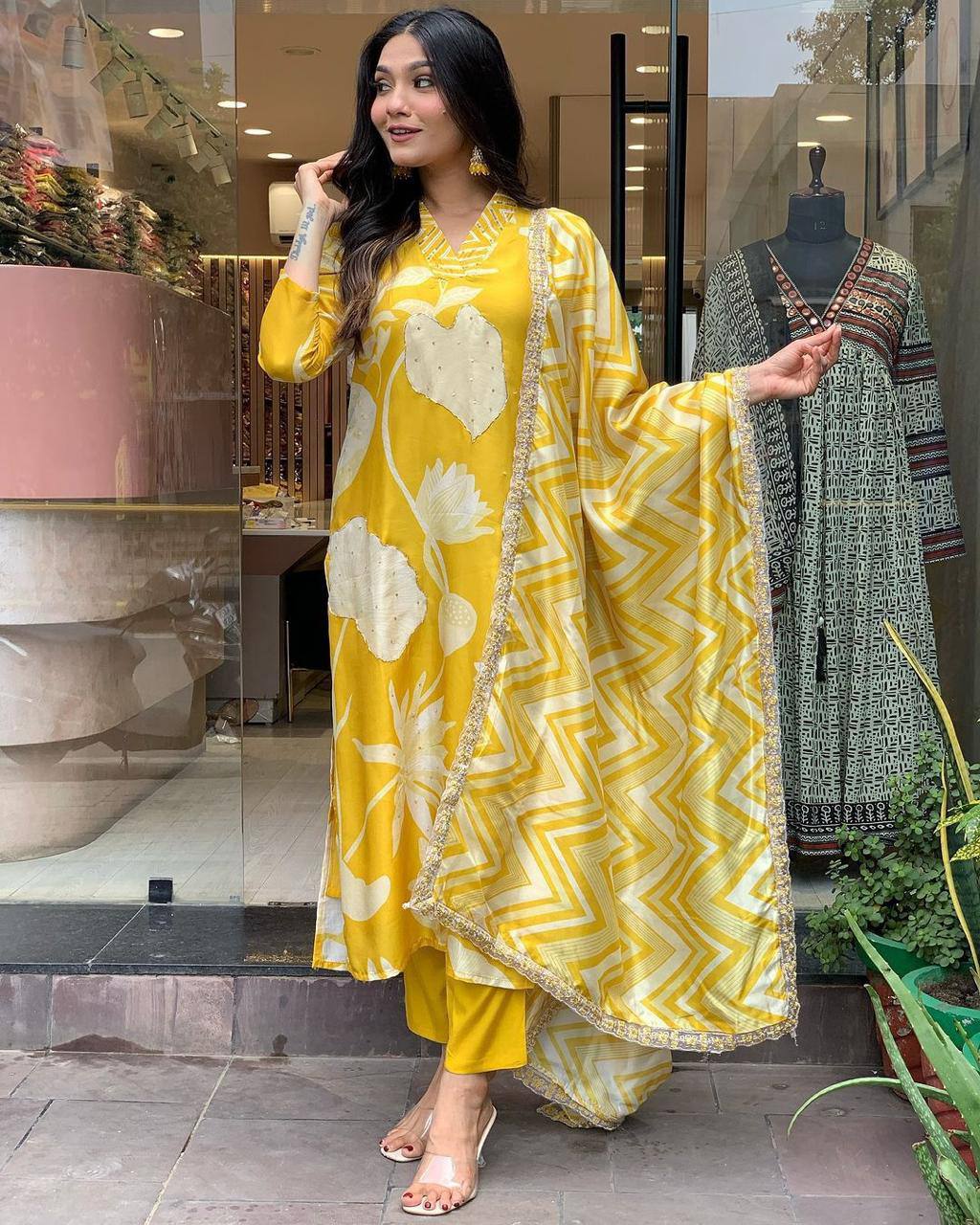 Vibrant Yellow Floral Printed Kurta Set with Dupatta