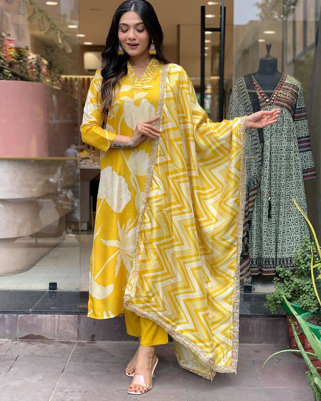 Vibrant Yellow Floral Printed Kurta Set with Dupatta