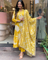 Vibrant Yellow Floral Printed Kurta Set with Dupatta