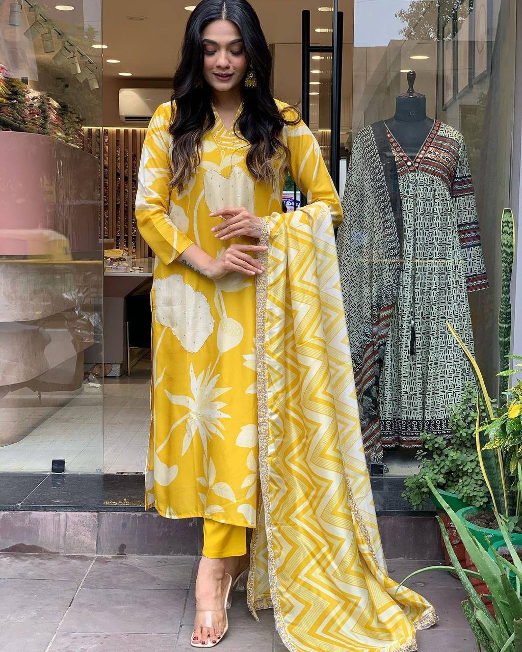 Vibrant Yellow Floral Printed Kurta Set with Dupatta