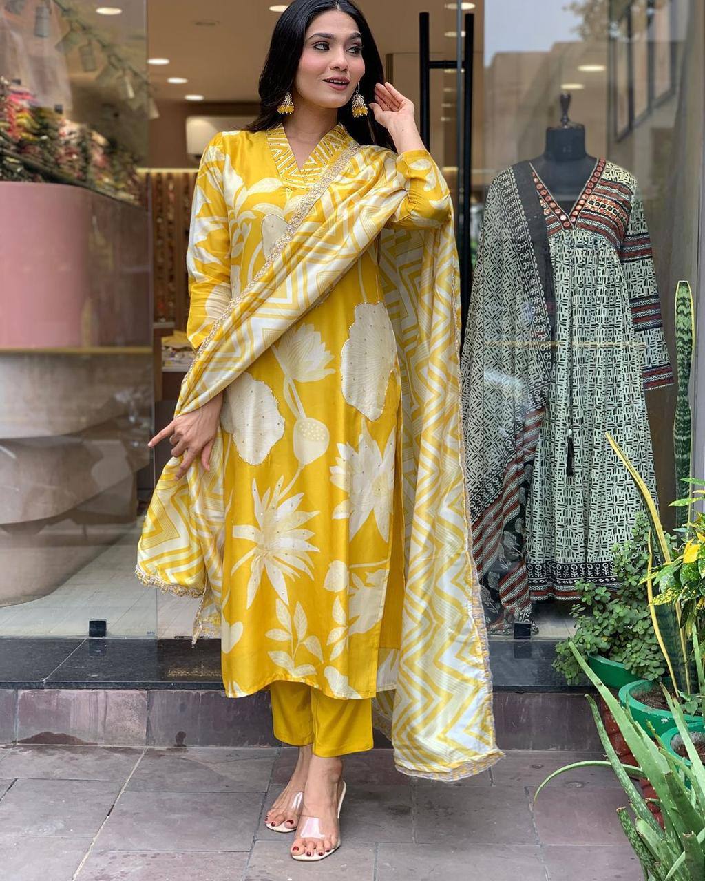 Vibrant Yellow Floral Printed Kurta Set with Dupatta