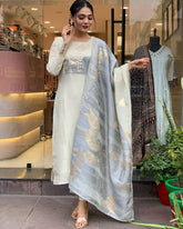 Elegant Ivory Embroidered Kurta Set with Designer Dupatta