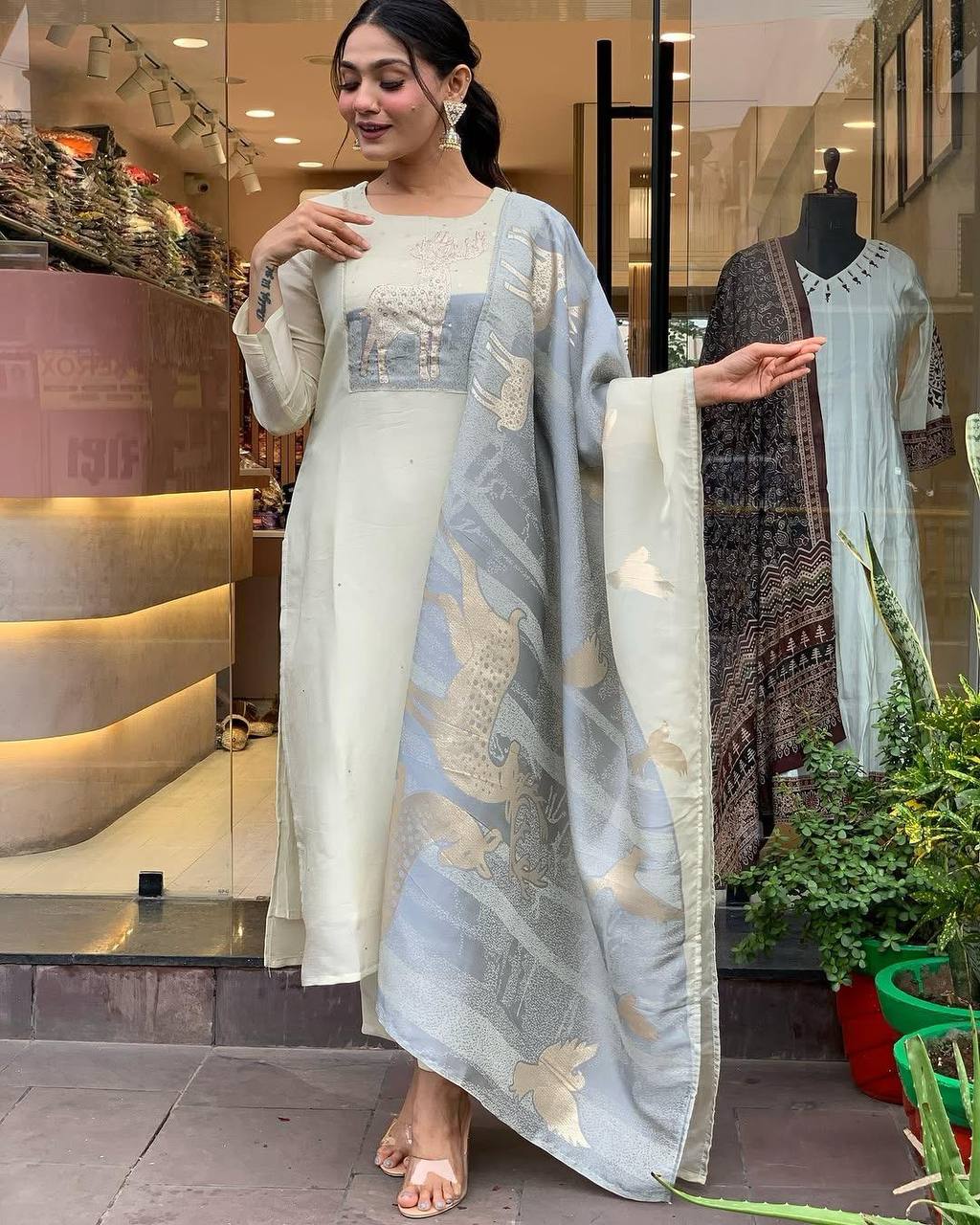 Elegant Ivory Embroidered Kurta Set with Designer Dupatta