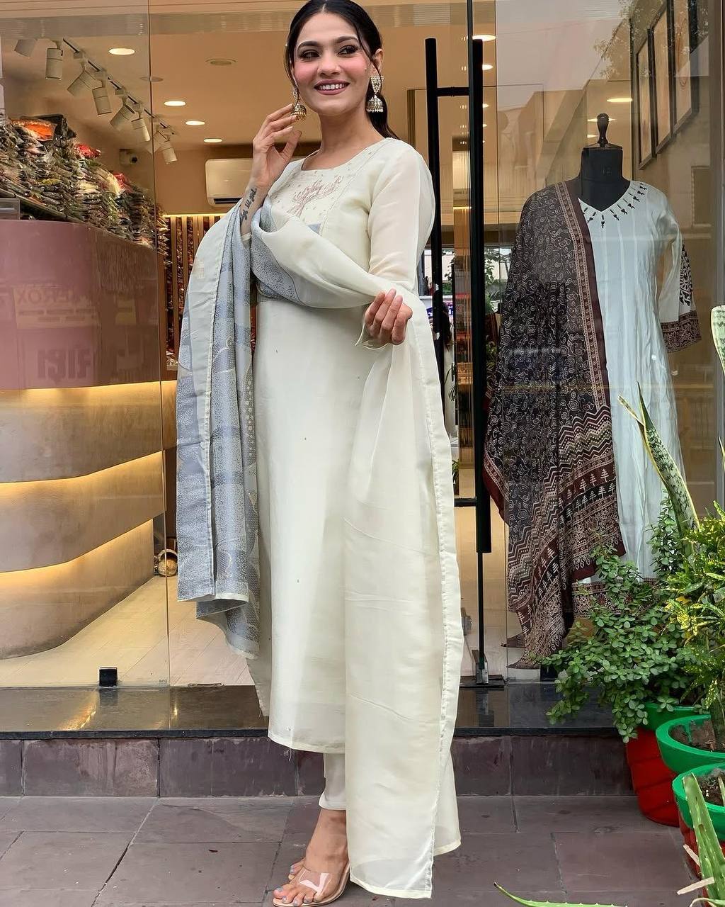 Elegant Ivory Embroidered Kurta Set with Designer Dupatta