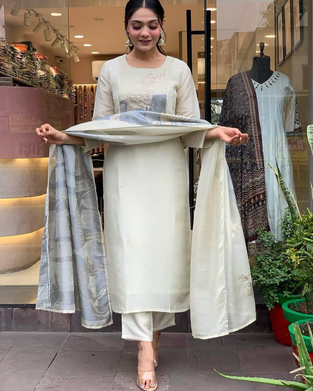 Elegant Ivory Embroidered Kurta Set with Designer Dupatta