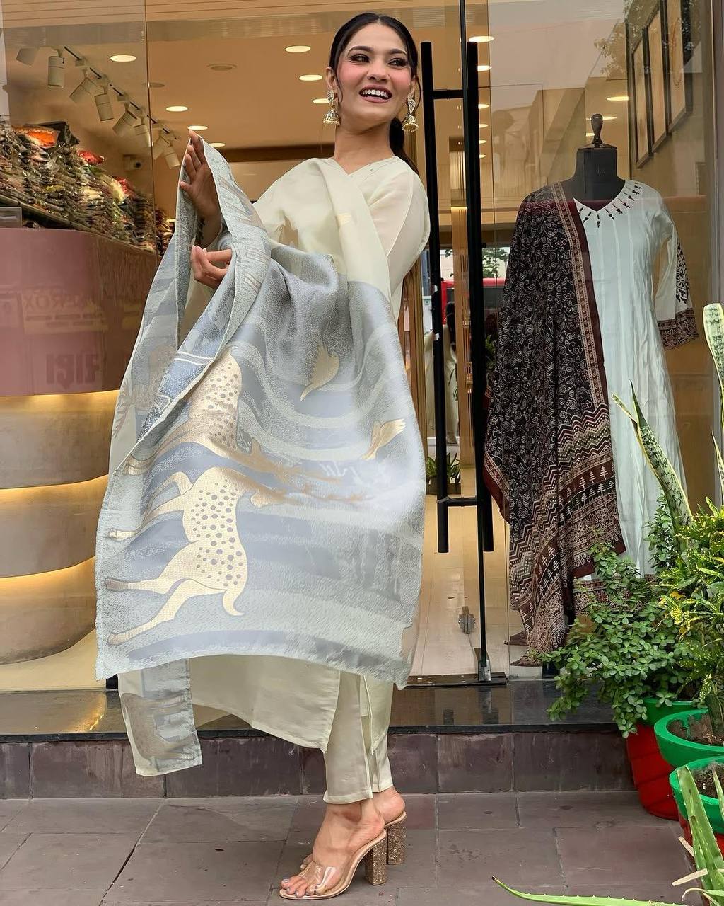 Elegant Ivory Embroidered Kurta Set with Designer Dupatta