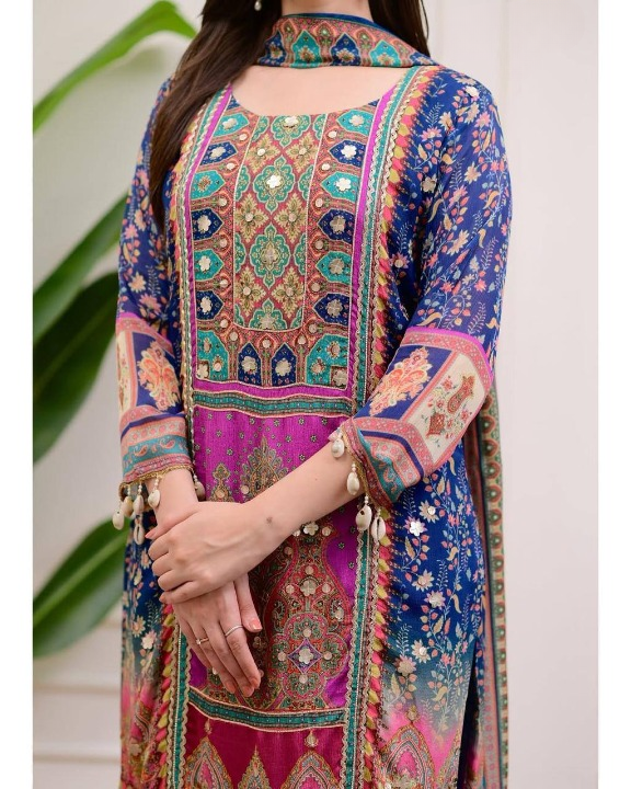 Traditional Salwar Kameez with Rich Print & Pom Pom Detailing
