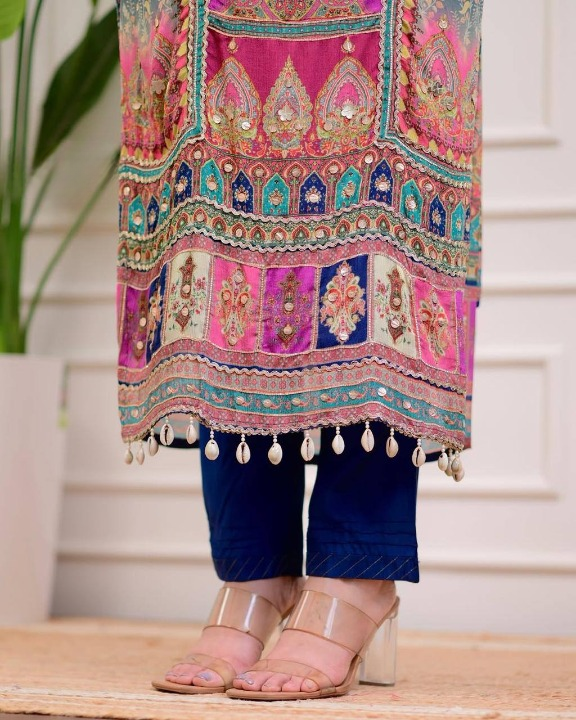 Traditional Salwar Kameez with Rich Print & Pom Pom Detailing