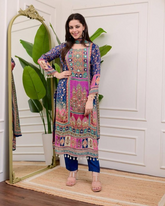 Traditional Salwar Kameez with Rich Print & Pom Pom Detailing