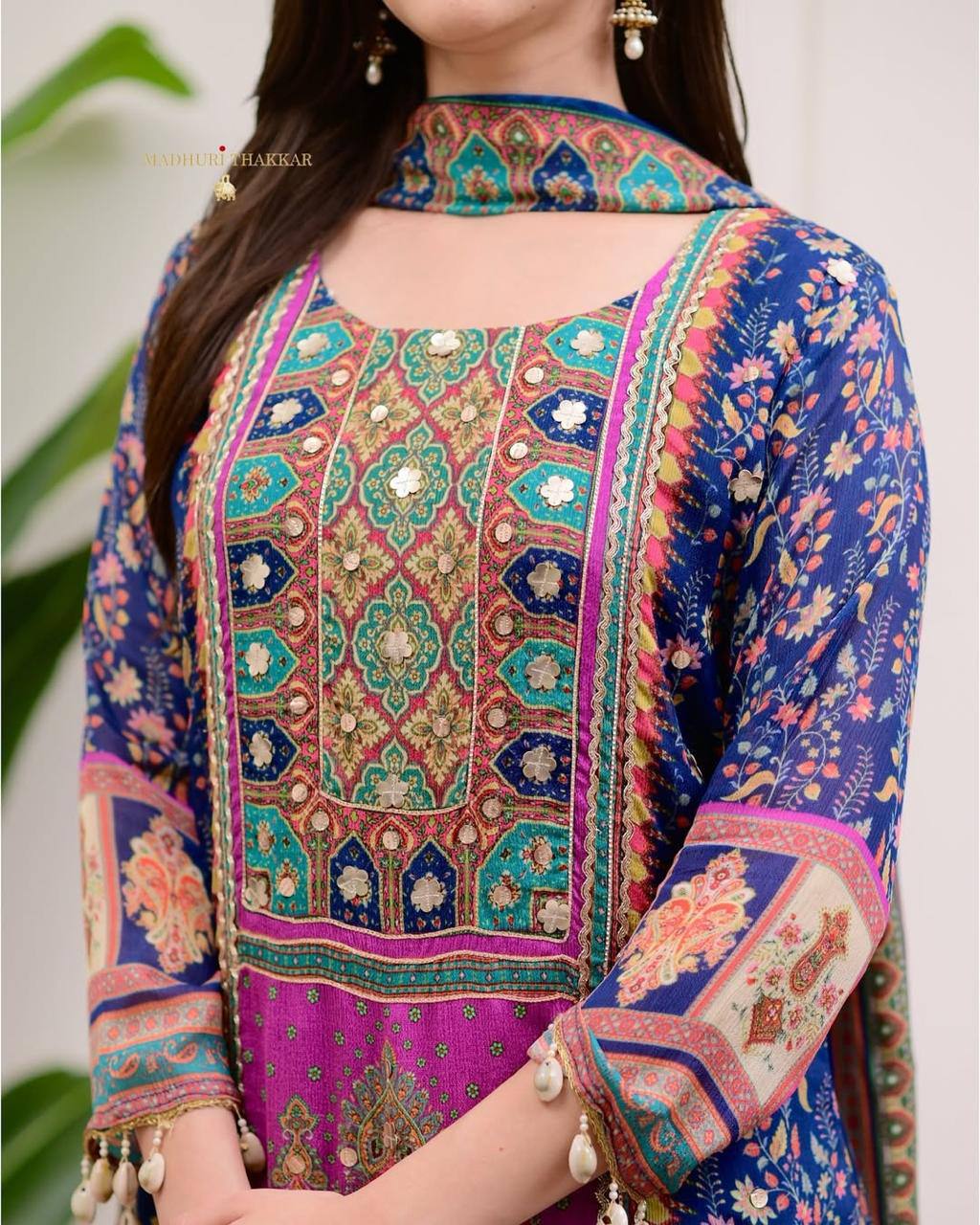Traditional Salwar Kameez with Rich Print & Pom Pom Detailing