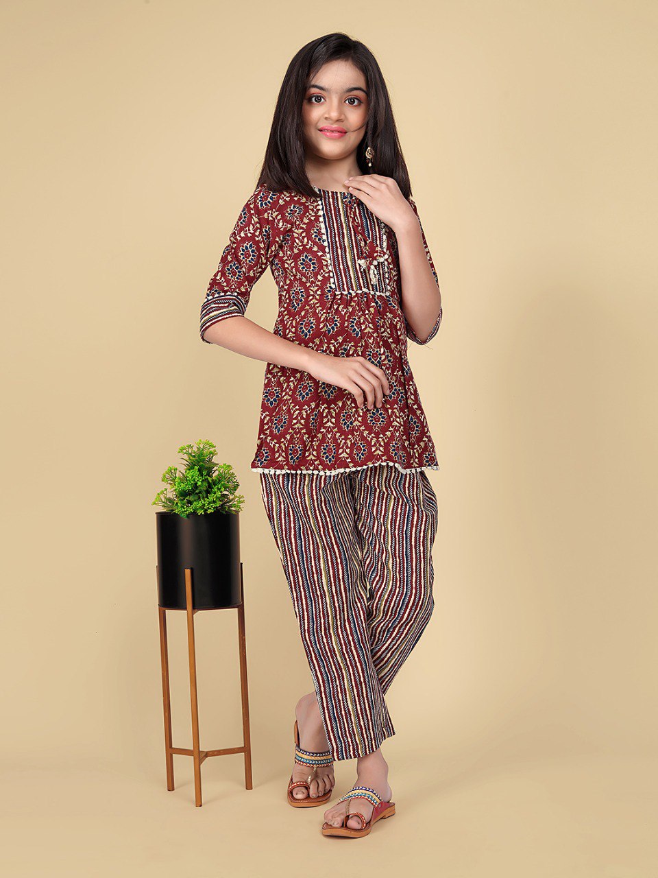 Girls Traditional Red Kurti with Stylish Striped Pants - Perfect for Casual Occasions