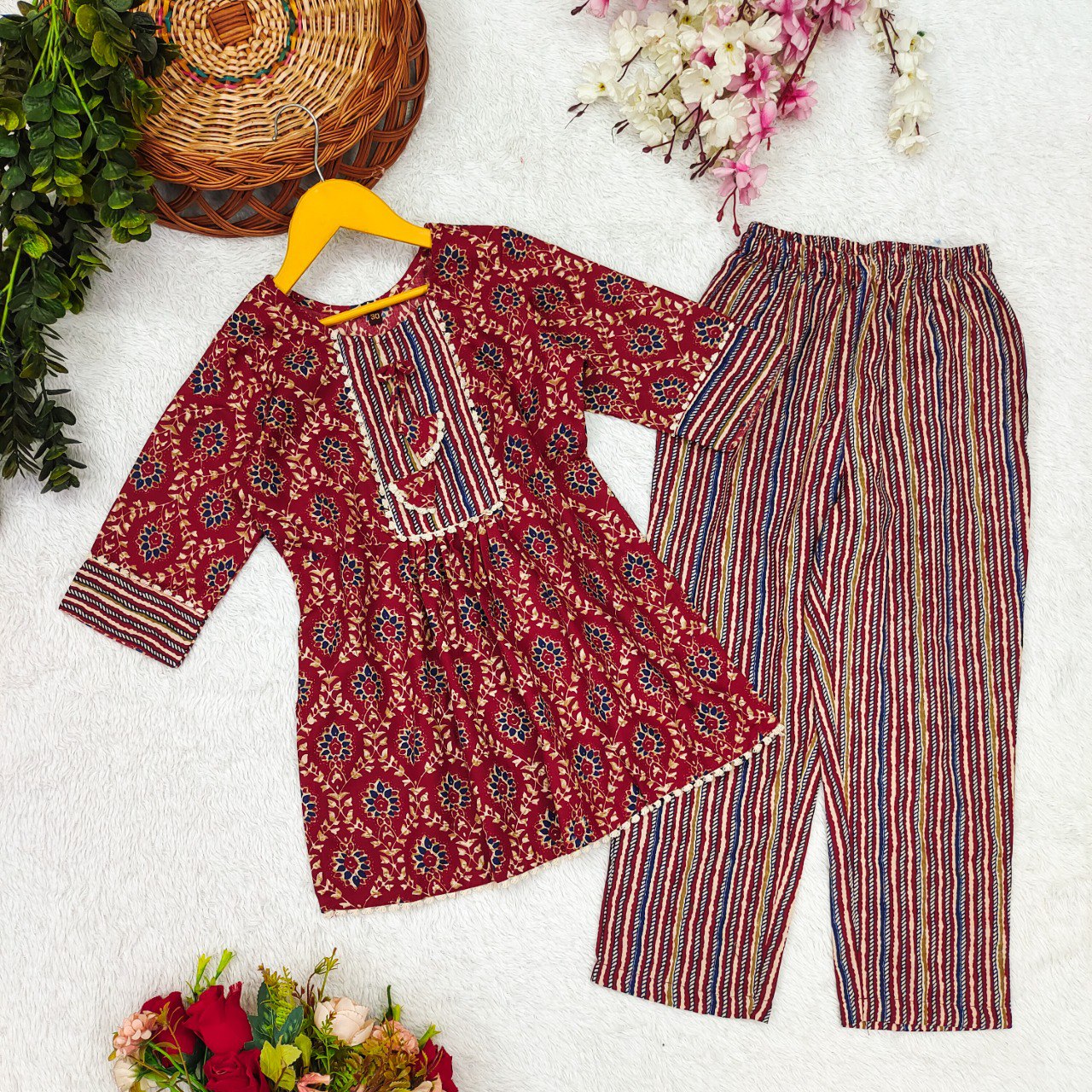 Girls Traditional Red Kurti with Stylish Striped Pants - Perfect for Casual Occasions