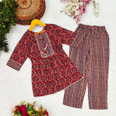 Girls Traditional Red Kurti with Stylish Striped Pants - Perfect for Casual Occasions