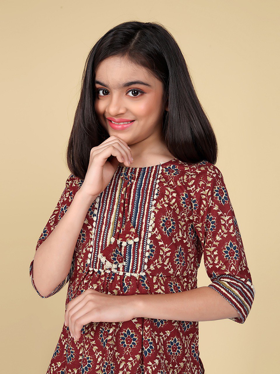 Girls Traditional Red Kurti with Stylish Striped Pants - Perfect for Casual Occasions