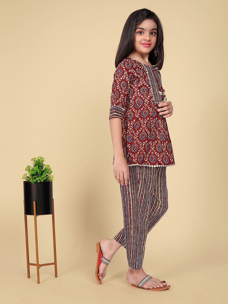 Girls Traditional Red Kurti with Stylish Striped Pants - Perfect for Casual Occasions