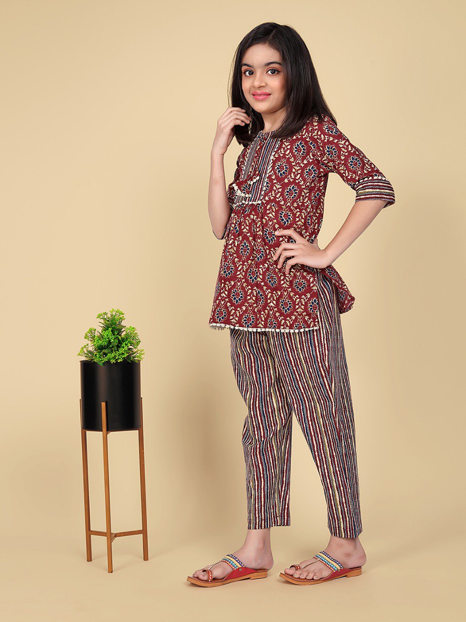 Girls Traditional Red Kurti with Stylish Striped Pants - Perfect for Casual Occasions