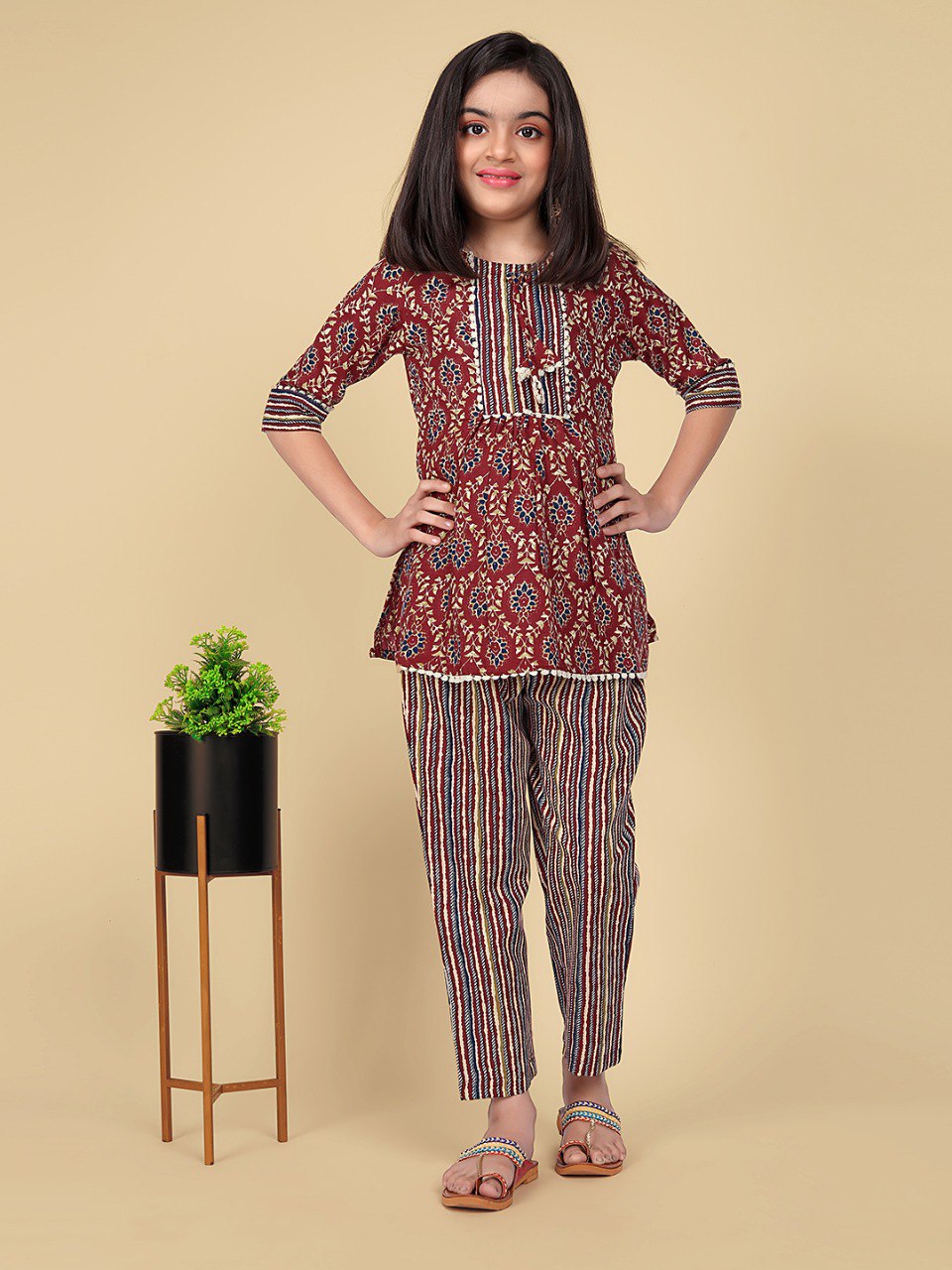 Girls Traditional Red Kurti with Stylish Striped Pants - Perfect for Casual Occasions