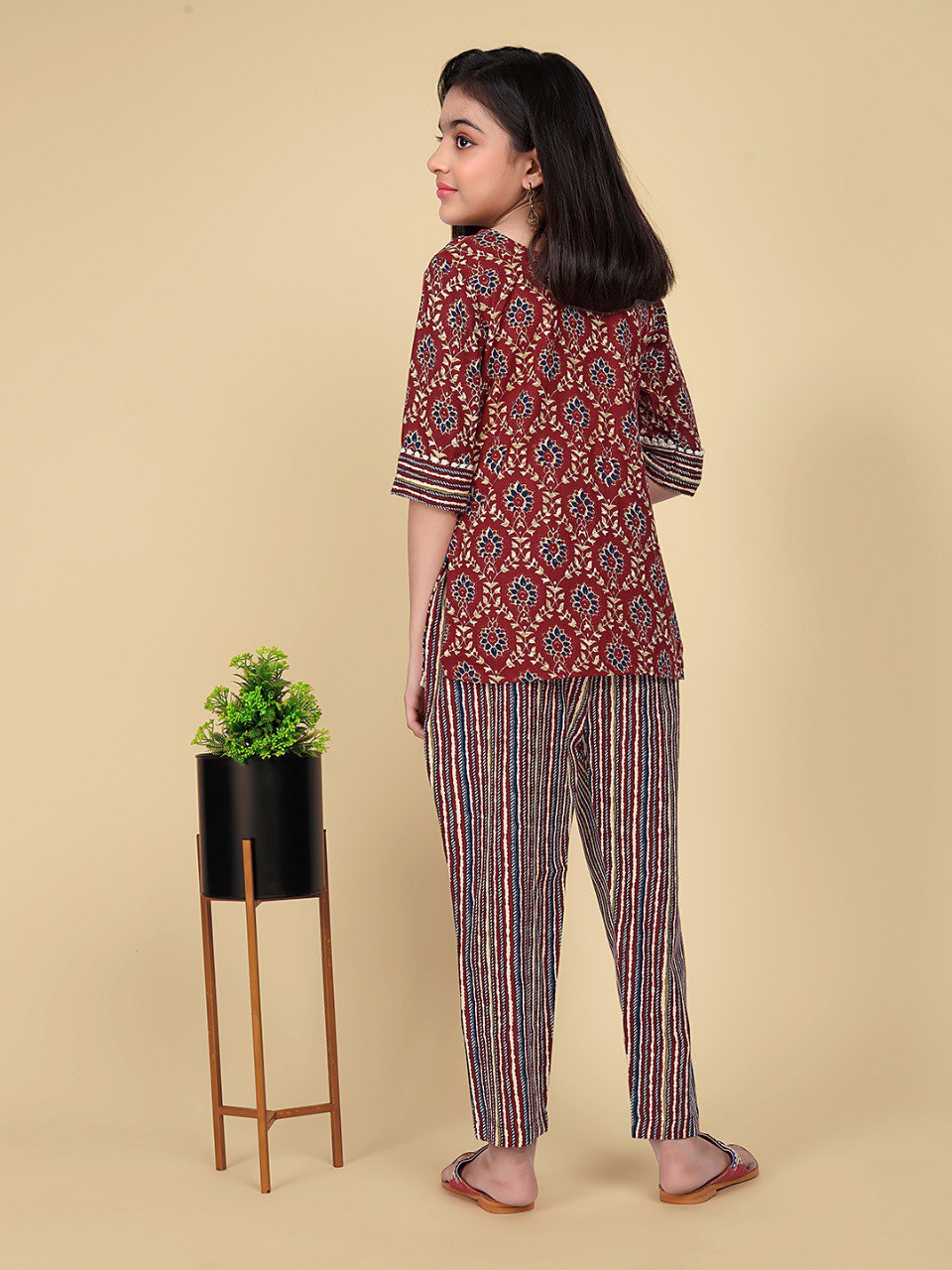 Girls Traditional Red Kurti with Stylish Striped Pants - Perfect for Casual Occasions