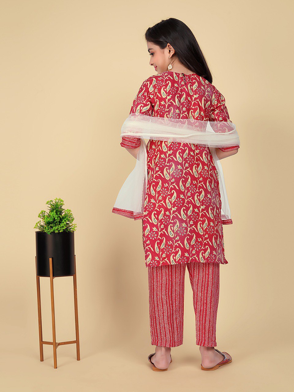 Traditional Red Printed Kurti with White Dupatta & Pants for Girls - Comfortable Ethnic Outfit