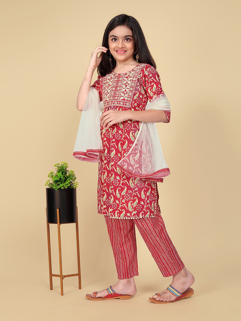 Traditional Red Printed Kurti with White Dupatta & Pants for Girls - Comfortable Ethnic Outfit