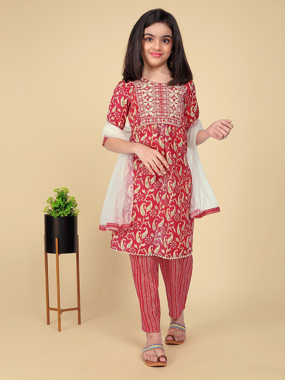 Traditional Red Printed Kurti with White Dupatta & Pants for Girls - Comfortable Ethnic Outfit