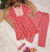 Traditional Red Printed Kurti with White Dupatta & Pants for Girls - Comfortable Ethnic Outfit