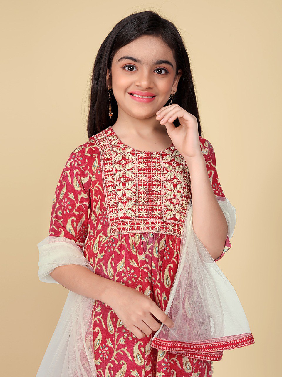 Traditional Red Printed Kurti with White Dupatta & Pants for Girls - Comfortable Ethnic Outfit