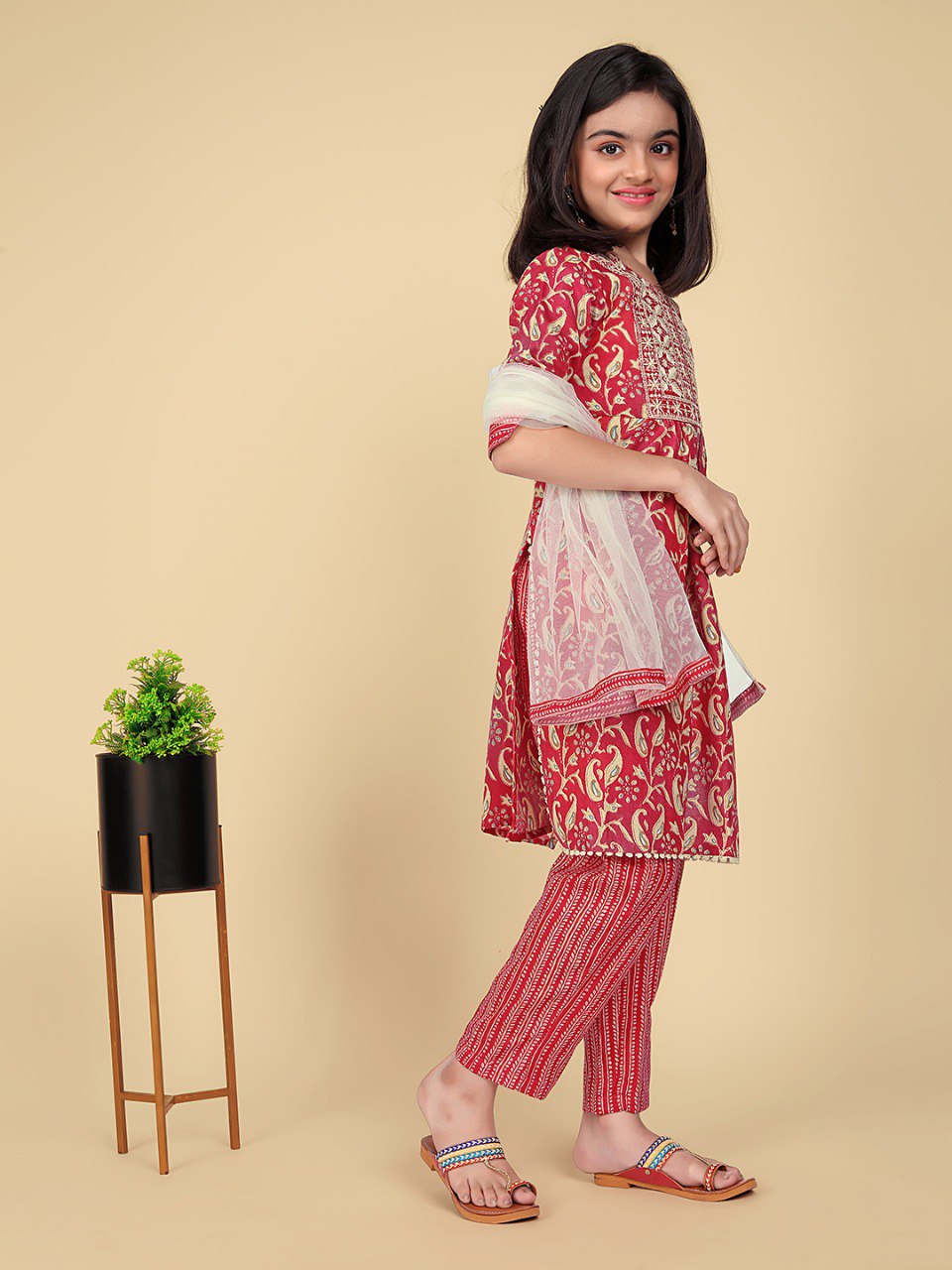 Traditional Red Printed Kurti with White Dupatta & Pants for Girls - Comfortable Ethnic Outfit