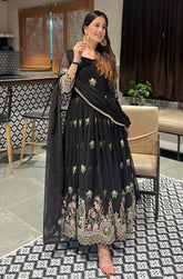 Sophisticated Black Anarkali Suit with Multi-Color Floral Work