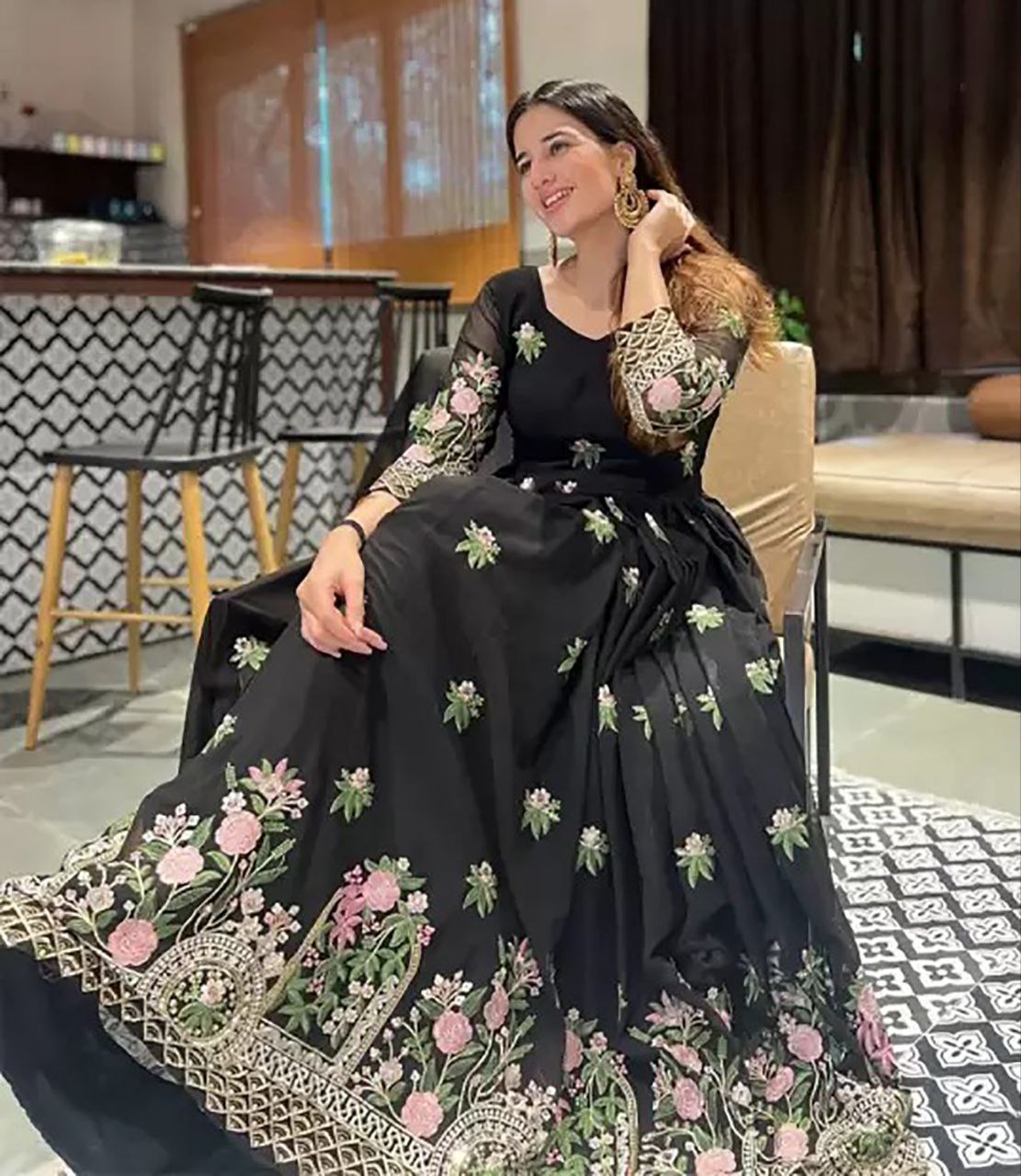 Sophisticated Black Anarkali Suit with Multi-Color Floral Work