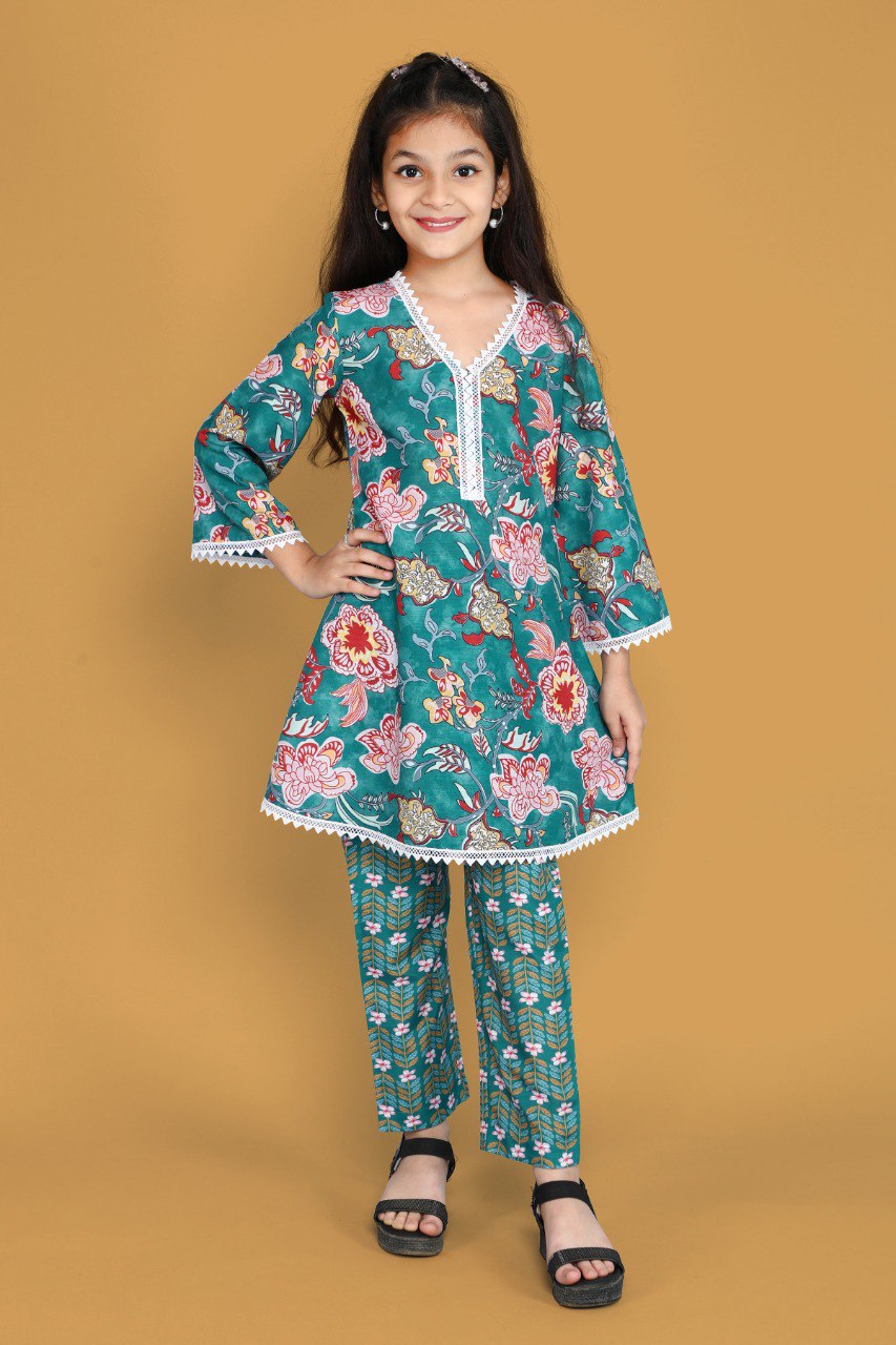 Girls lovely teal and pink floral print salwar kameez Dupatta Set