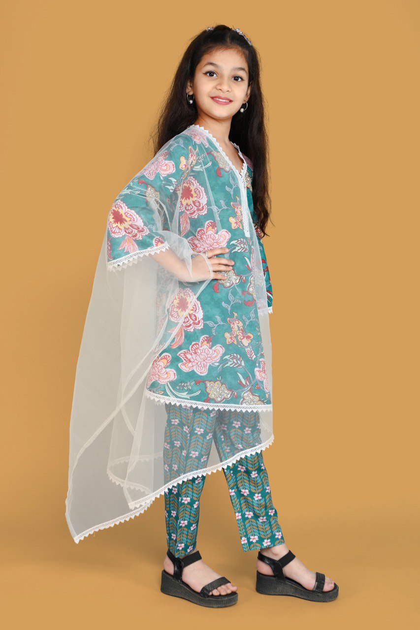 Girls Floral Printed Kurti Set with Matching Pajama and White Dupatta - Ethnic Wear for Kids